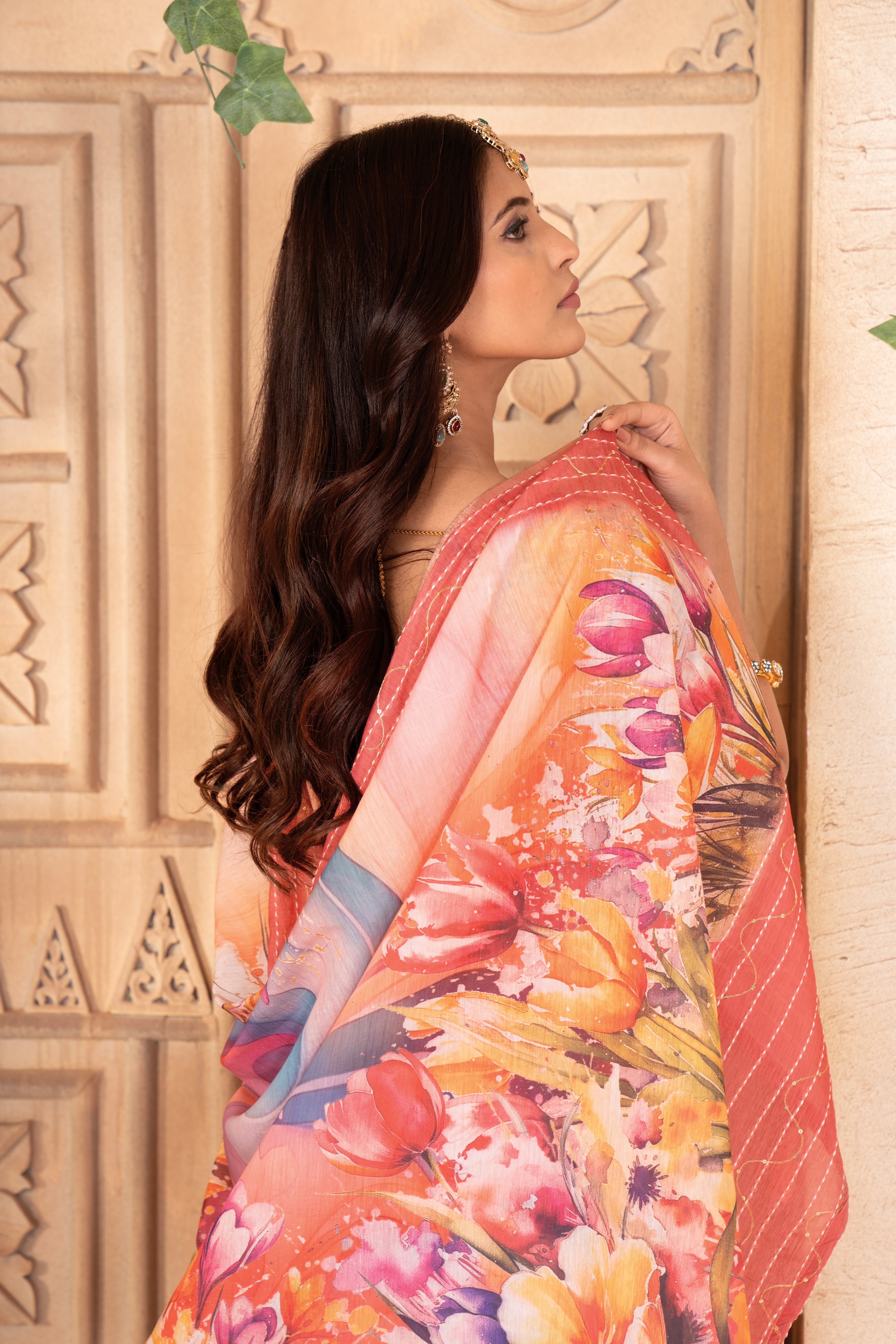 Gajari Flora Silk Chanderi Saree
